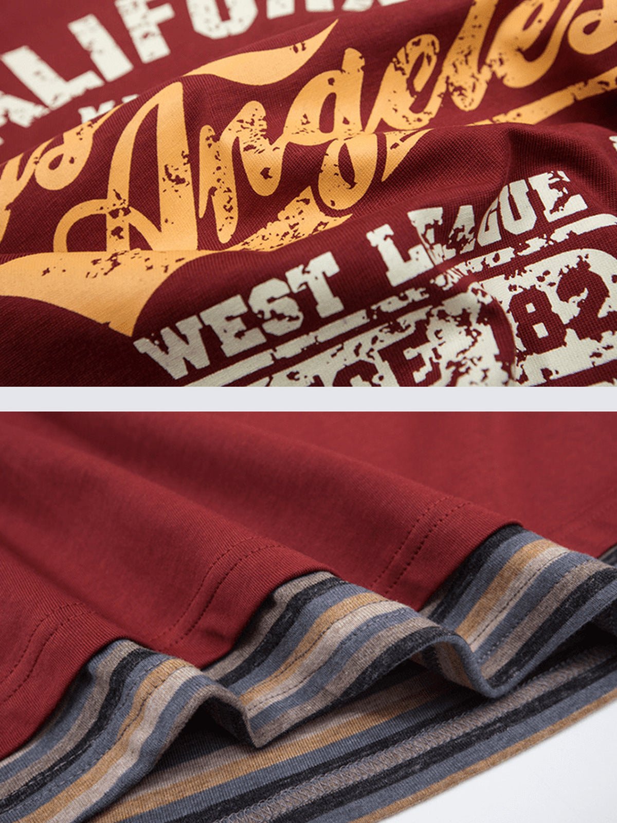 Los Angeles layered tee – Burgundy, print and striped hem close-up | XoKool