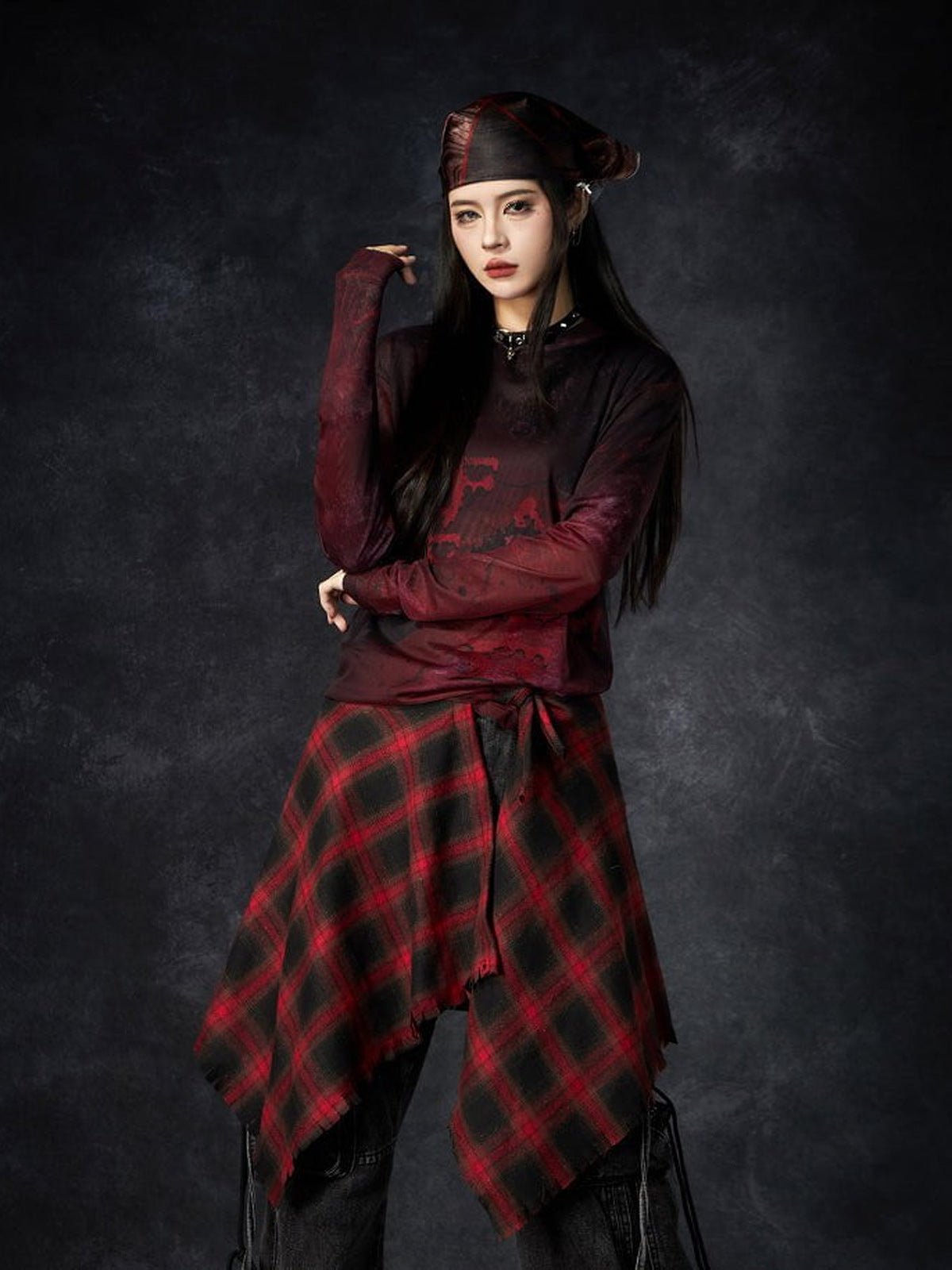 Mesh long sleeve tee – on model, burgundy (woman) | XoKool