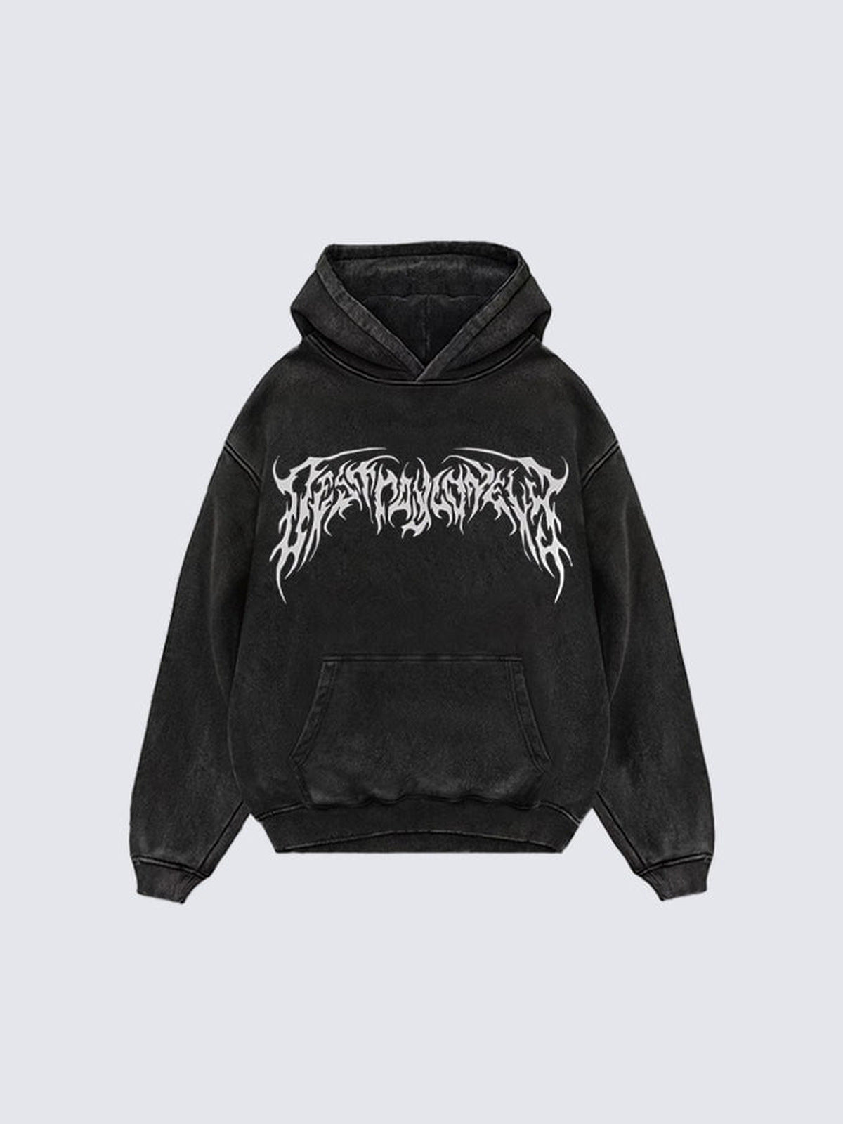 Metal Font Graphic Hoodie – Washed Schwarz, Vorderseite flach | XoKool