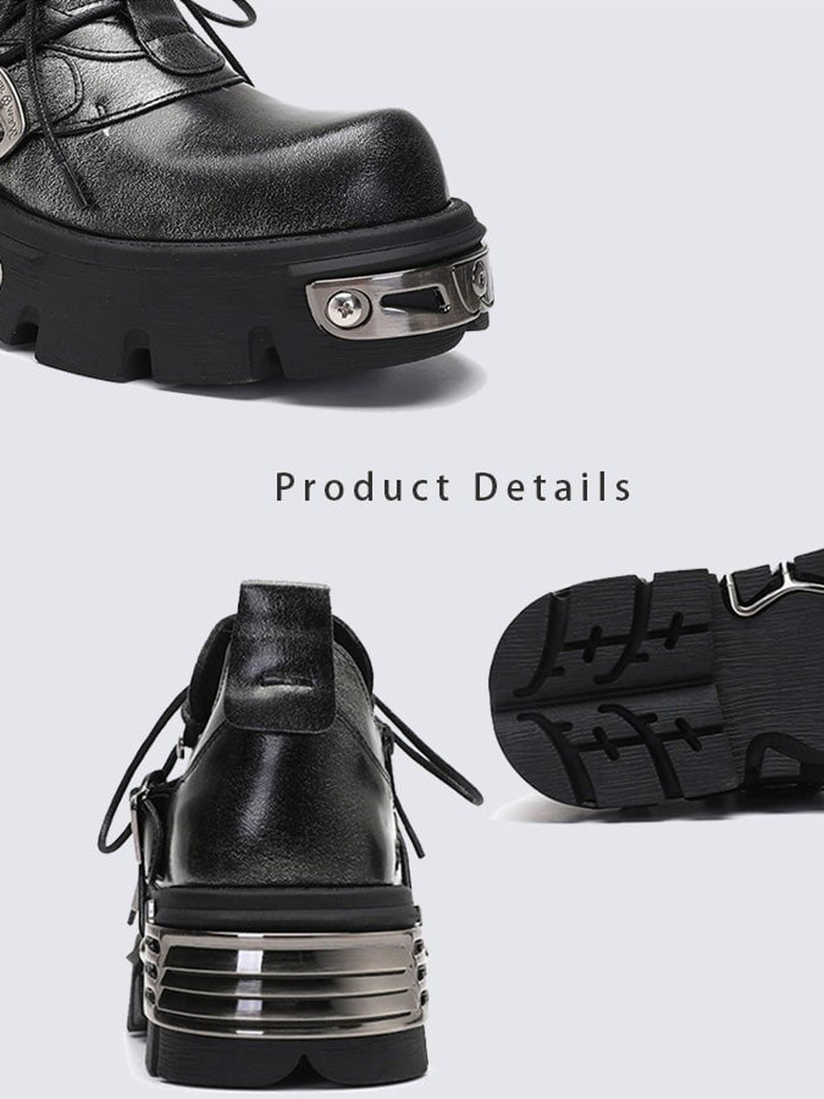 Plateau-Schuhe mit Metall – Detail-Collage: Kappe, Absatzplatte, Sohle | XoKool