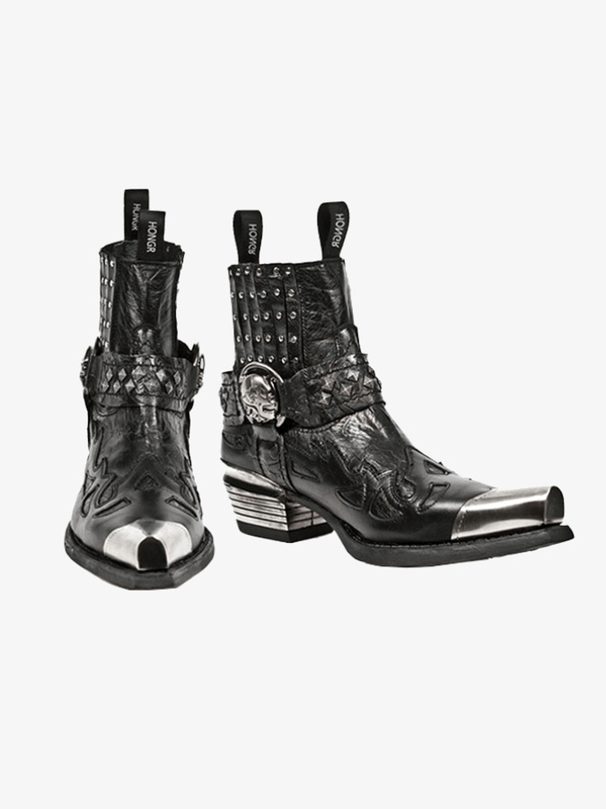 Western Stiefeletten mit Metallkappe und Nieten – Paar, Ansicht von vorn/seitlich | XoKool