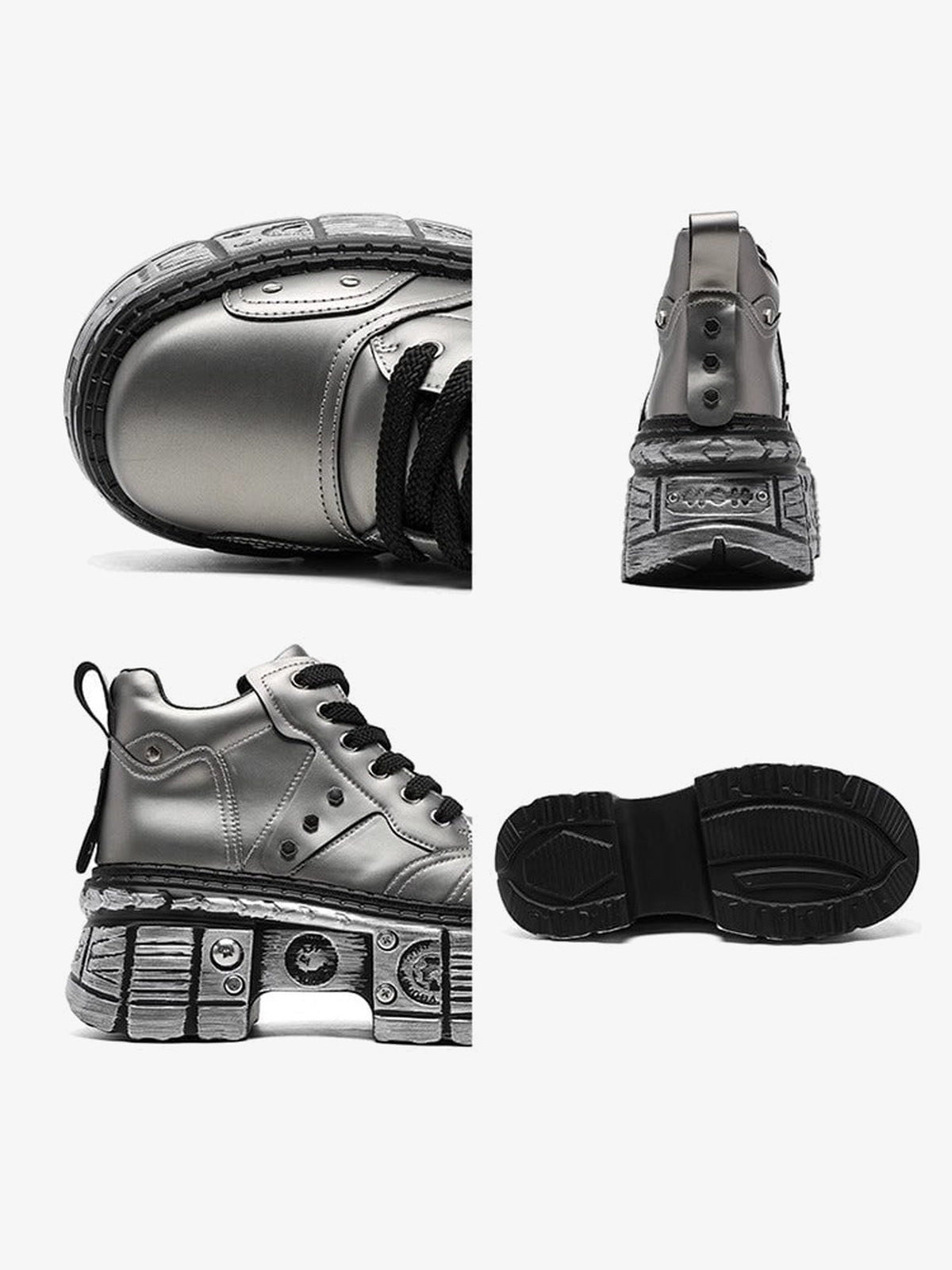 Zapatillas metalizadas con plataforma – collage de detalles: punta, talón, lateral y suela | XoKool