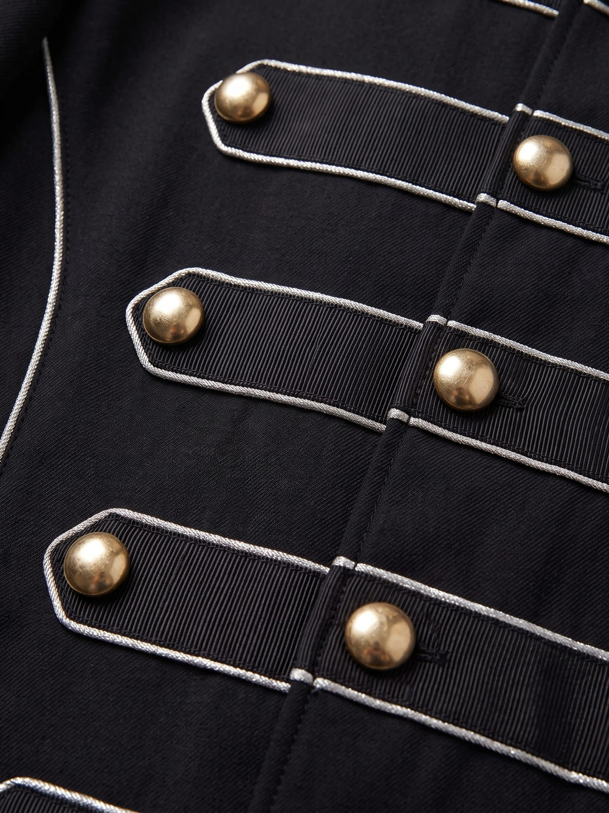 Military band jacket – Black, button and piping close-up | XoKool