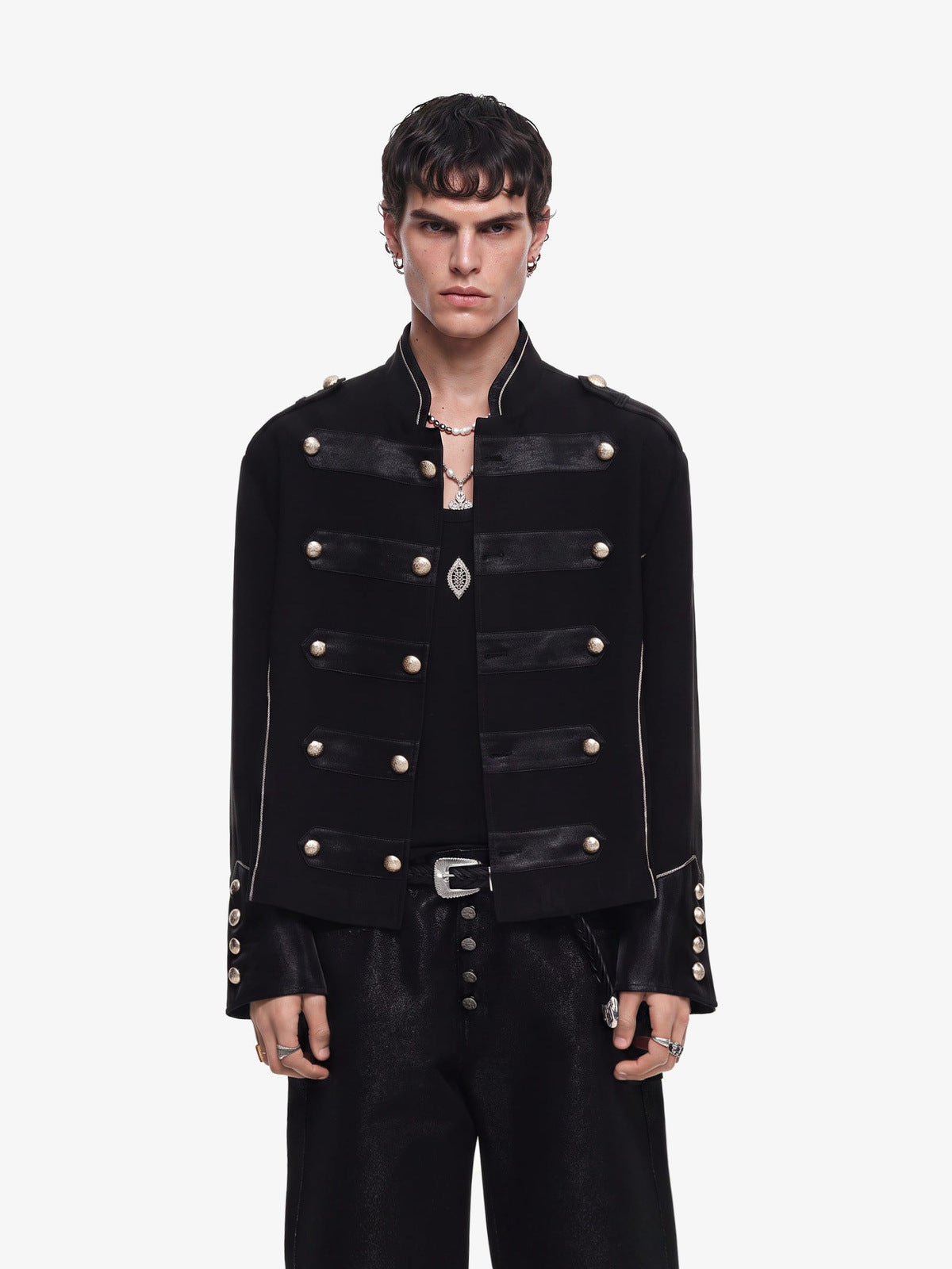 Military Band Jacket with Gold Buttons – Black, on model | XoKool