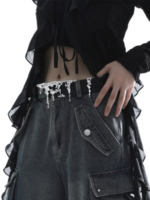 Molten Drip Metal Plate Faux Leather Belt – on model, close-up | XoKool