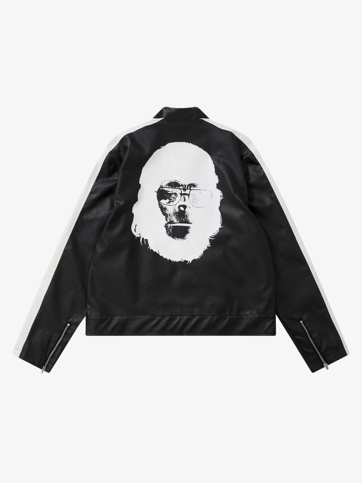 Black Faux Leather Track Jacket with Back Graphic – Black, flat back (ape graphic) | XoKool