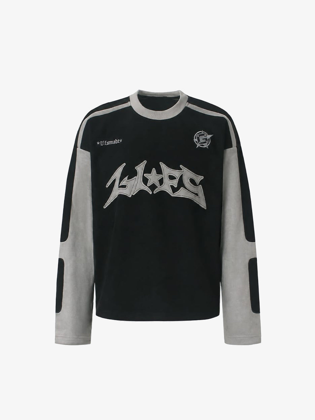 Moto Long Sleeve Shirt with Spiky Appliqué – Black front flat lay | XoKool