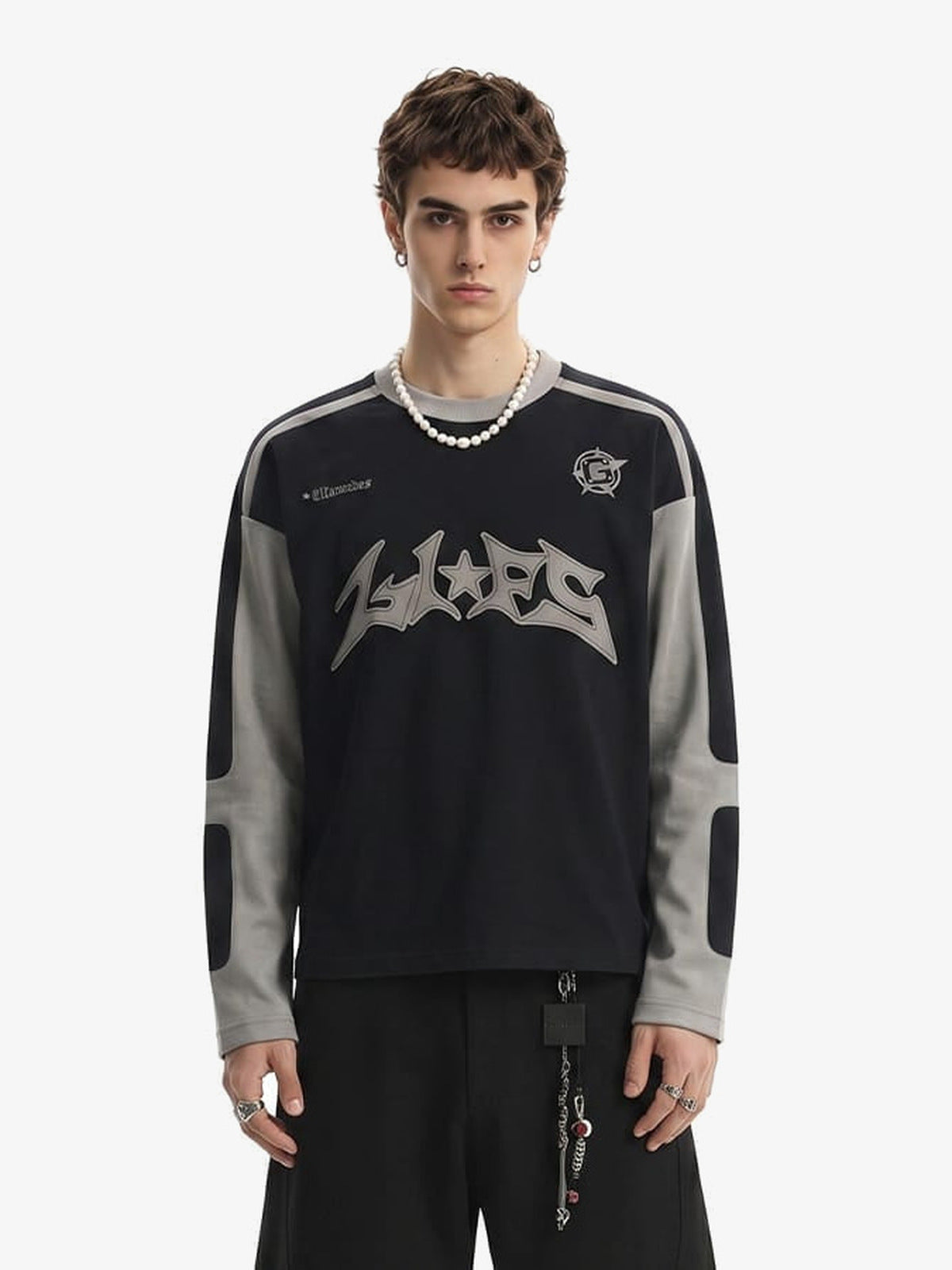 Moto Long Sleeve Shirt with Spiky Appliqué – On model, black, front | XoKool