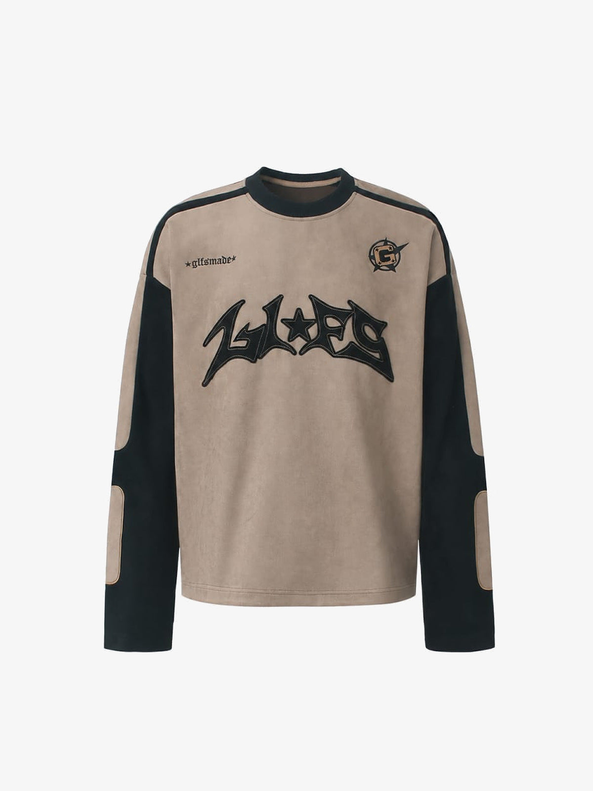 Moto Long Sleeve Shirt with Spiky Appliqué – Tan front flat lay | XoKool