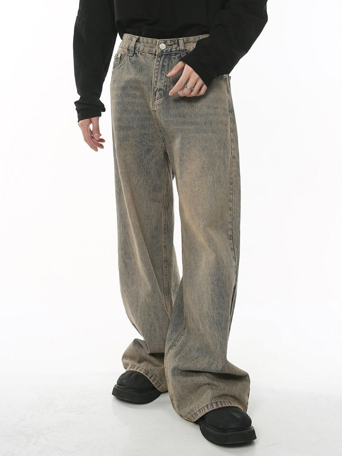 Mud Wash Wide Leg Jeans in Tinted Brown – on model, side | XoKool