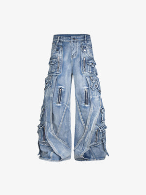 Multi Pocket Zipper Wide Leg Cargo Jeans – Light Wash Blue, front flat | XoKool