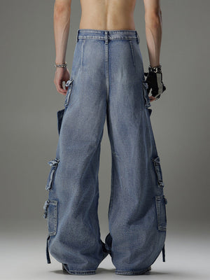 Wide leg cargo jeans – Light Wash Blue, on model back | XoKool
