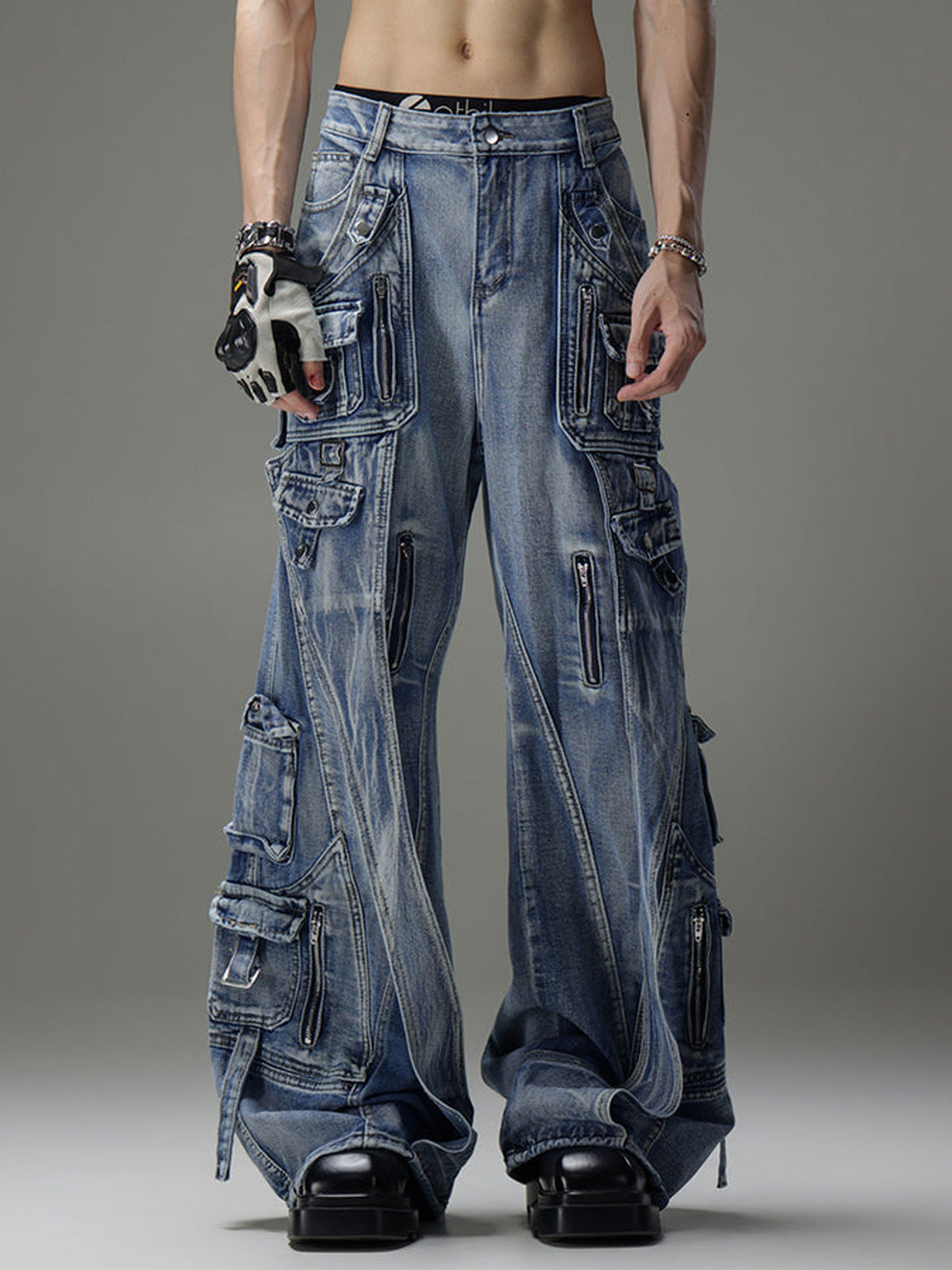 Wide leg cargo jeans – Light Wash Blue, on model front | XoKool