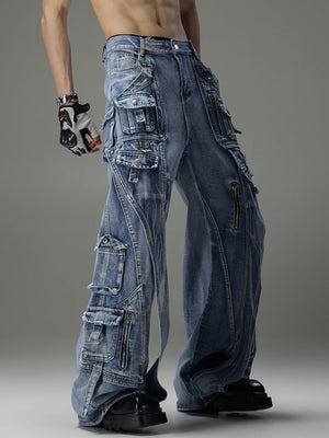 Wide leg cargo jeans – Light Wash Blue, on model side | XoKool