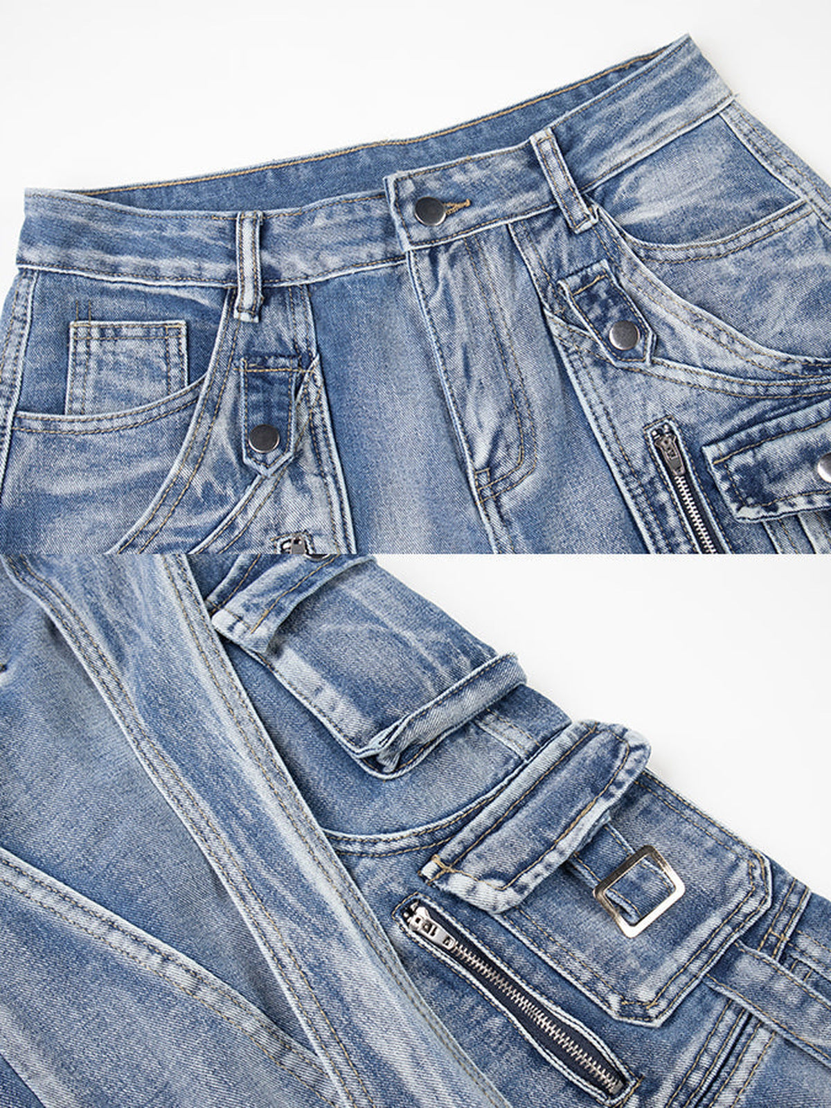 Wide leg cargo jeans – Light Wash Blue, waist and pocket close-up | XoKool