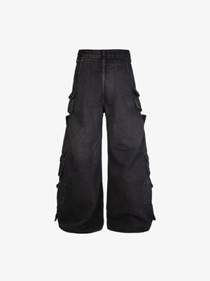Wide leg cargo jeans – Washed Black, back flat | XoKool
