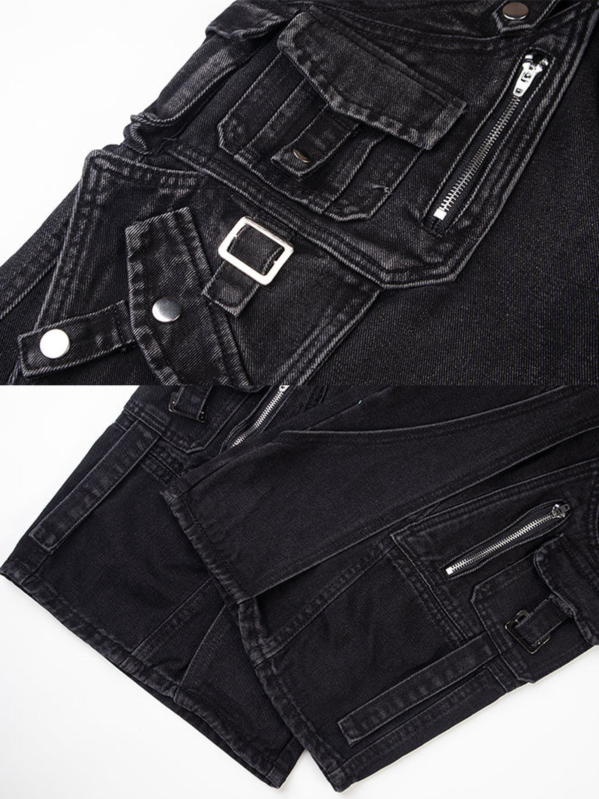 Wide leg cargo jeans – Washed Black, buckle pocket and zip close-up | XoKool