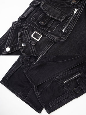 Wide leg cargo jeans – Washed Black, buckle pocket and zip close-up | XoKool