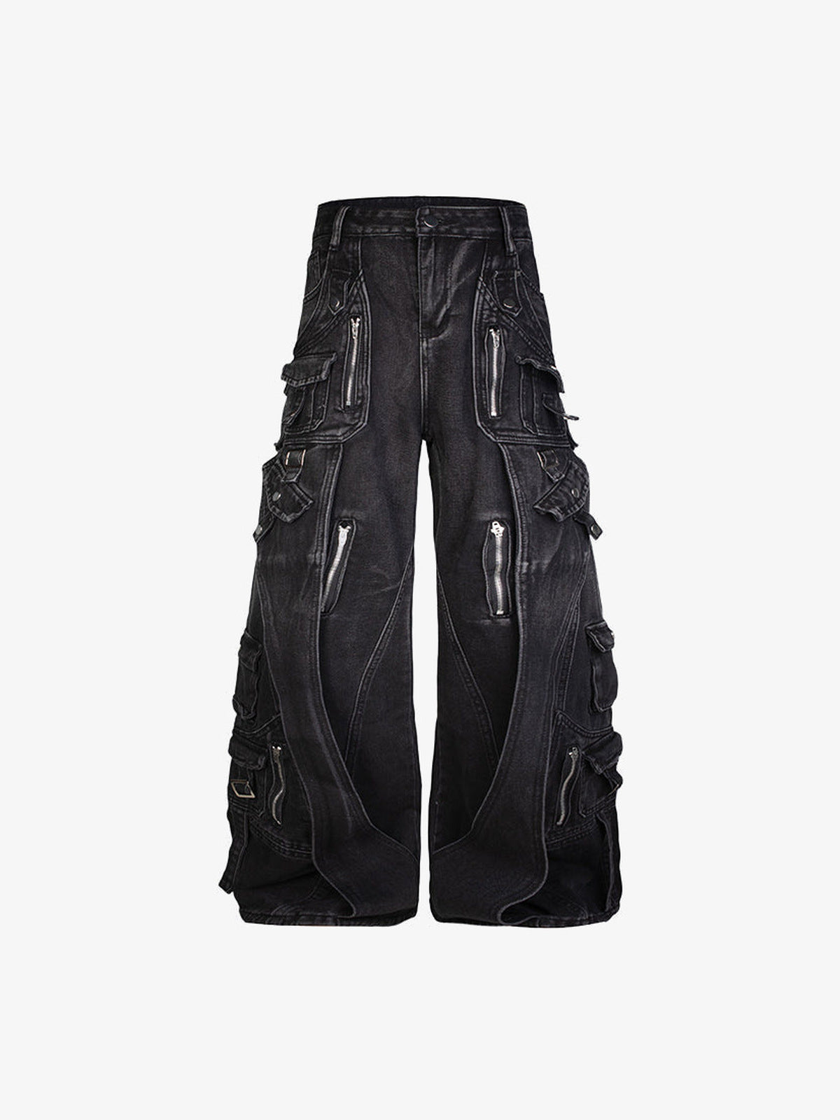 Multi Pocket Zipper Wide Leg Cargo Jeans – Washed Black, front flat | XoKool