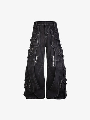 Multi Pocket Zipper Wide Leg Cargo Jeans – Washed Black, front flat | XoKool