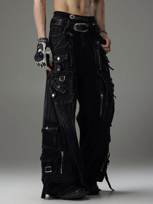 Wide leg cargo jeans – Washed Black, on model front angle | XoKool