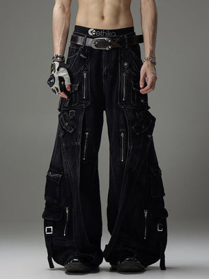 Multi Pocket Zipper Wide Leg Cargo Jeans – Washed Black, on model front | XoKool