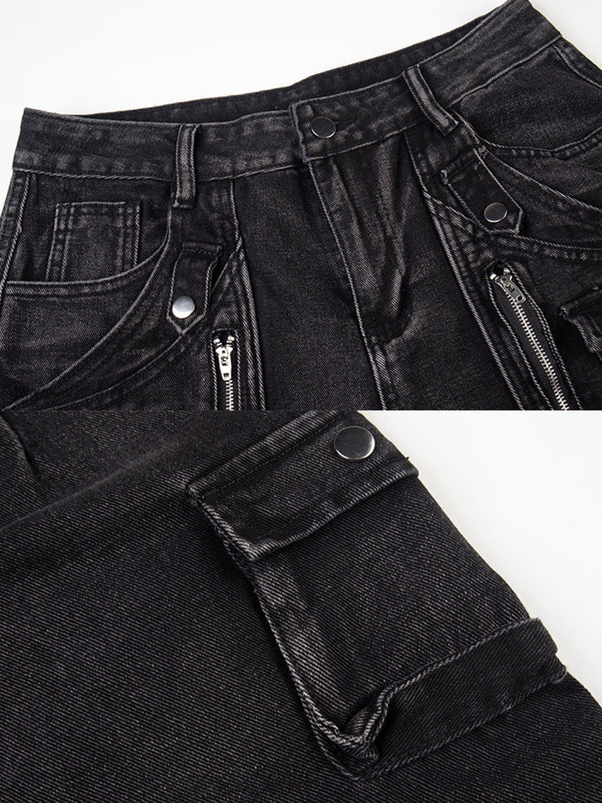 Wide leg cargo jeans – Washed Black, waist and flap pocket close-up | XoKool