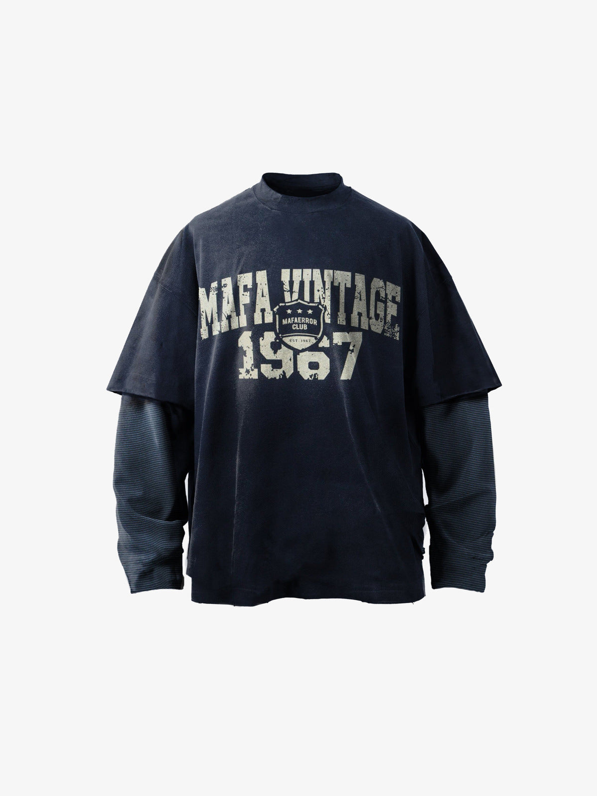 Marineblaues Longsleeve im Layered-Look mit Varsity-Print – Vorderseite, flach | XoKool