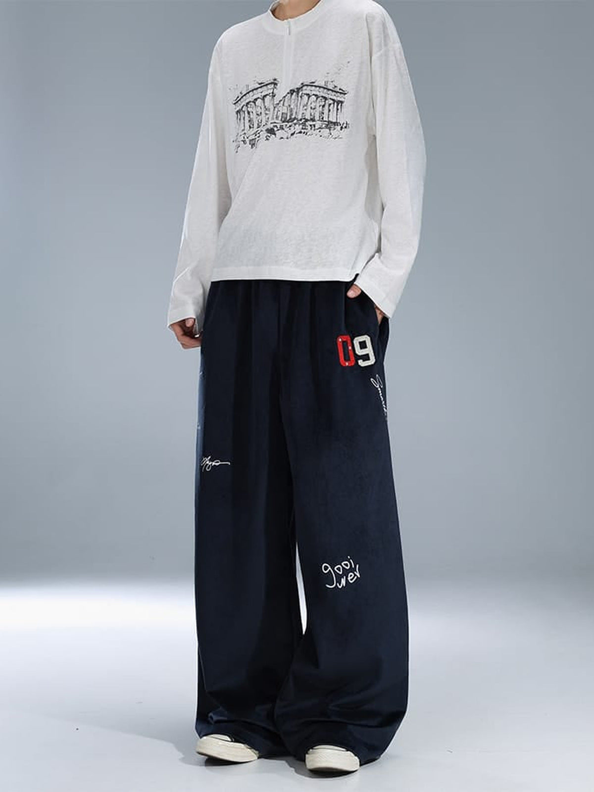 Navy Velour Wide Leg Sweatpants with 09 Patch – On model, front | XoKool
