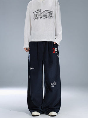 Navy Velour Wide Leg Sweatpants with 09 Patch – On model, front | XoKool