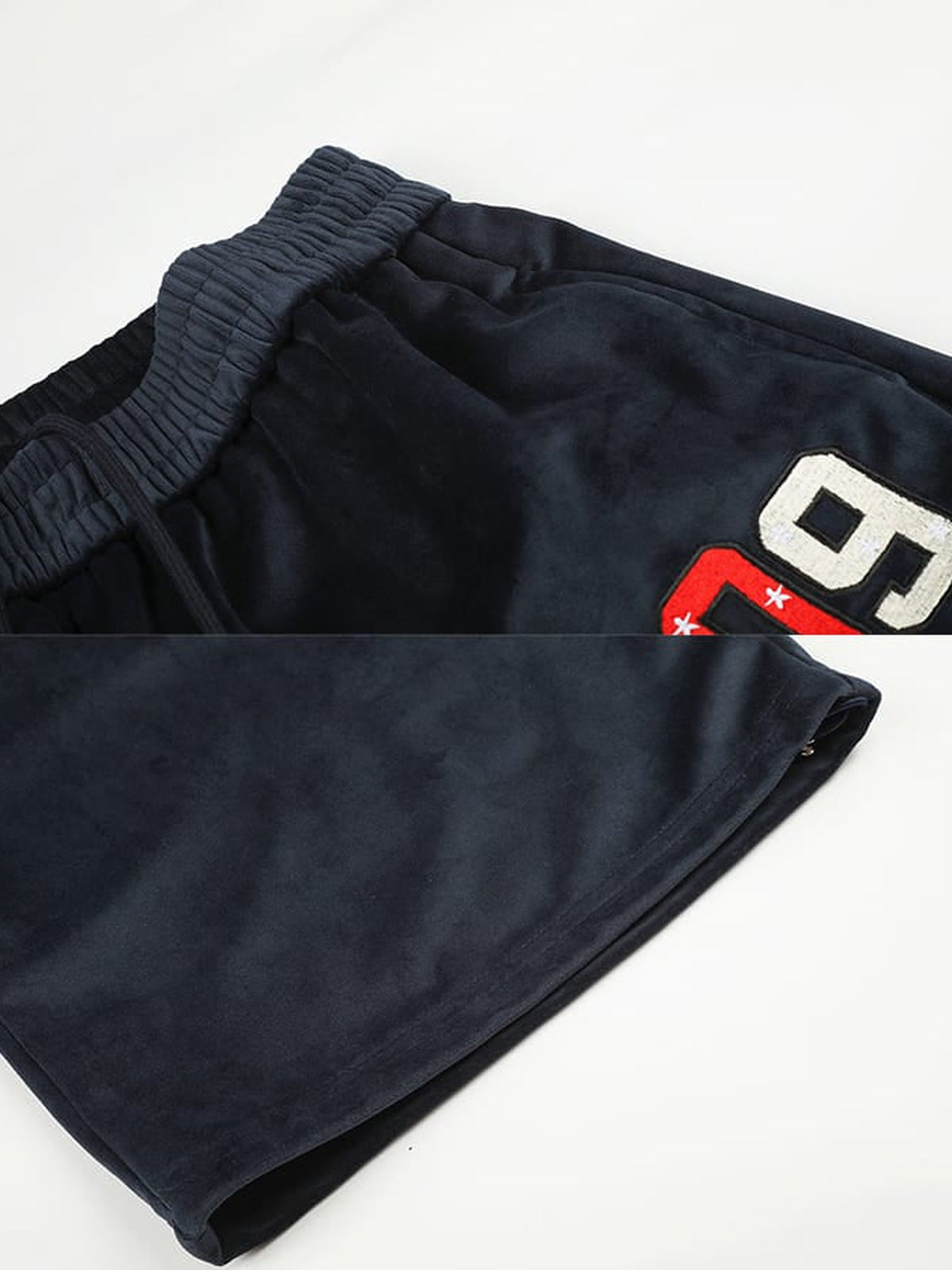 Velour sweatpants – Waistband and 09 patch close-up | XoKool