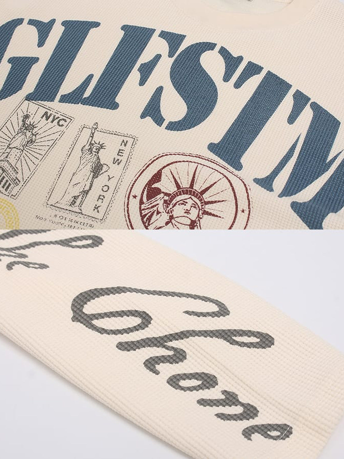Waffel-Longsleeve New York – Creme, Print und Ärmel im Detail | XoKool