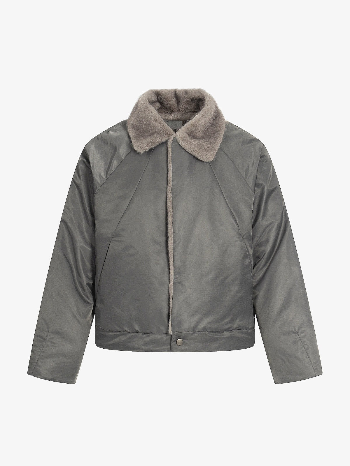 Nylon Bomber Jacket with Faux Fur Collar – Grey, front view | XoKool