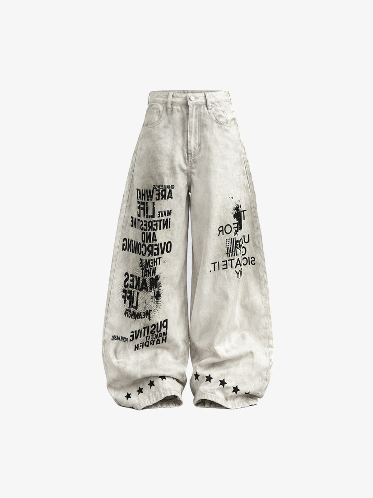 Offwhite Baggy Jeans mit Slogan-Print und Stern-Saum – Offwhite, Vorderseite flach | XoKool