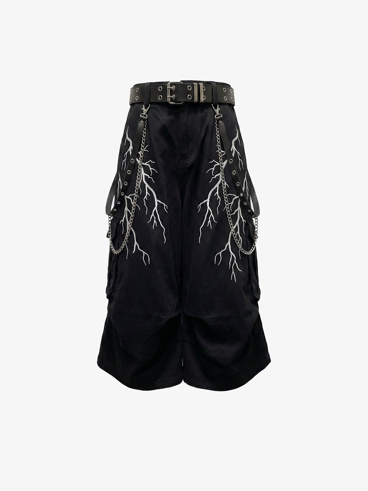 Cargoshorts in Off White mit Blitz-Print und Kettenband – Schwarze Version, Vorderseite flach | XoKool