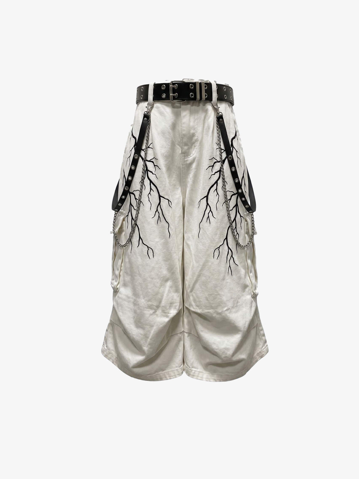 Cargoshorts in Off White mit Blitz-Print und Kettenband – Off White, Vorderseite flach mit Gürtel und Ketten | XoKool