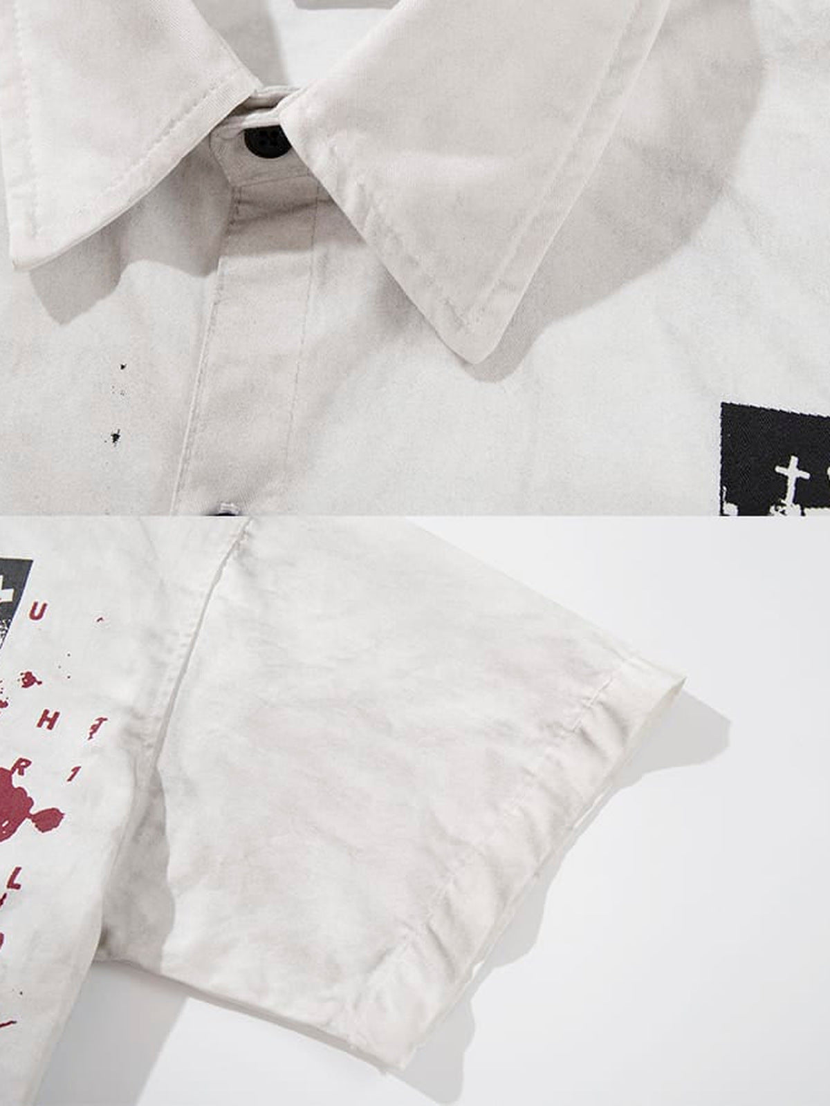 Button-Up-Hemd mit Collage-Print – Kragen und Ärmel im Detail | XoKool