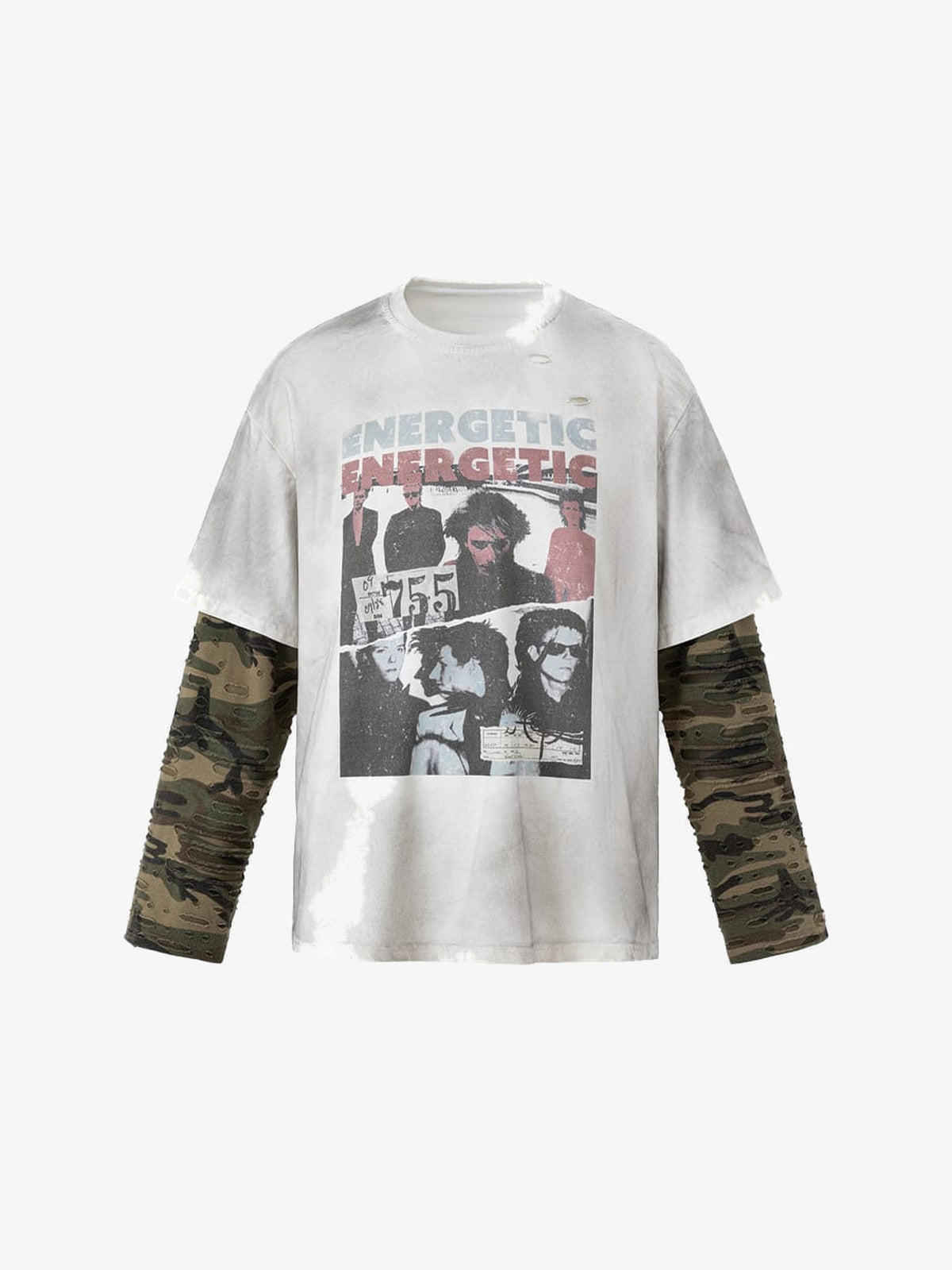 Off-White Layered T-Shirt mit Distressed Camo-Ärmeln – Vorderansicht | XoKool