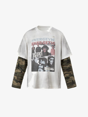Off-White Layered T-Shirt mit Distressed Camo-Ärmeln – Vorderansicht | XoKool