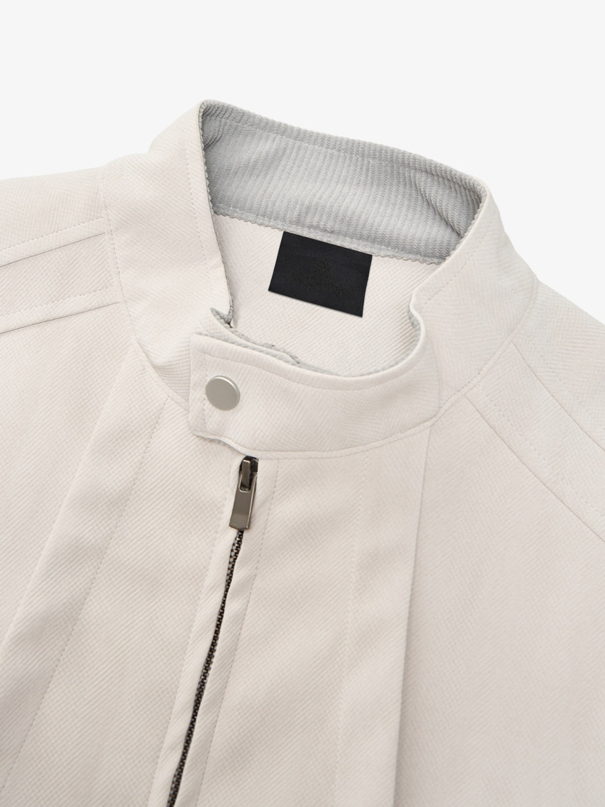 Off-White Stand Collar Zip Jacket – stand collar and zip close-up | XoKool