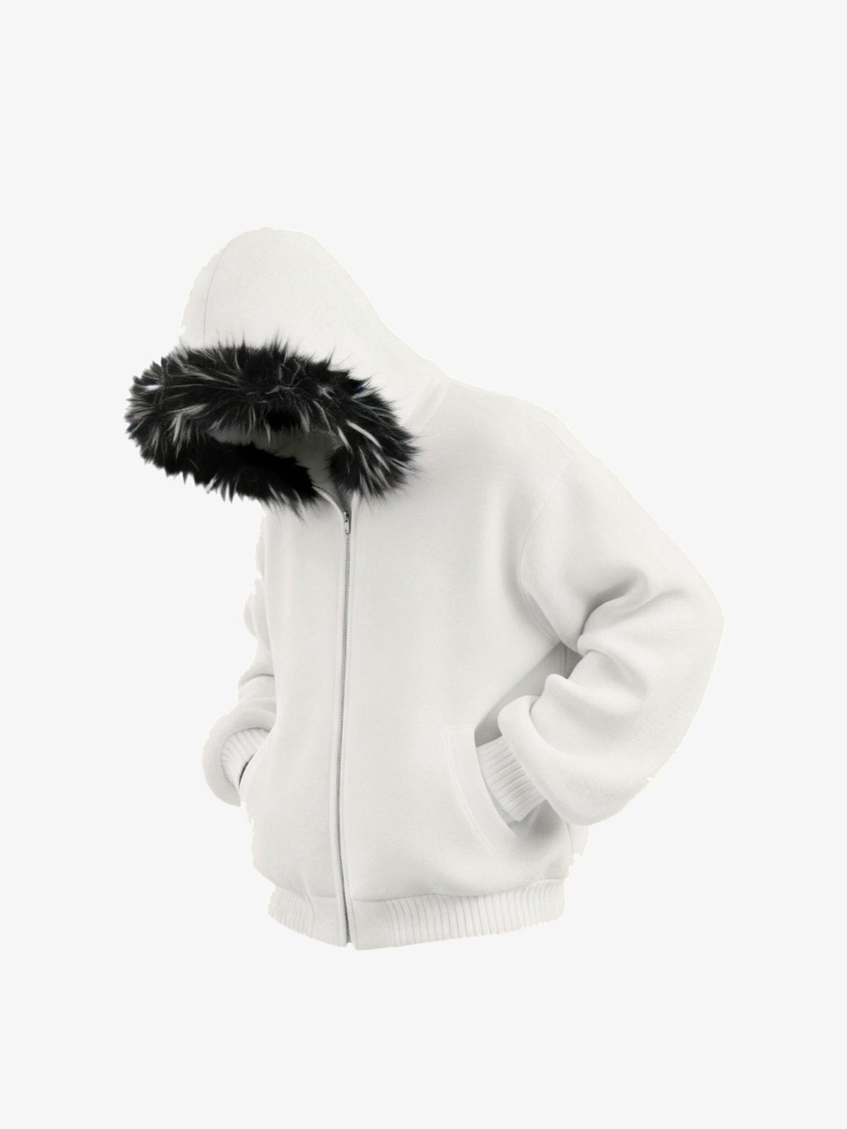 Off White Zip Hoodie mit schwarzer Fellkapuze – 3/4-Ansicht flach | XoKool