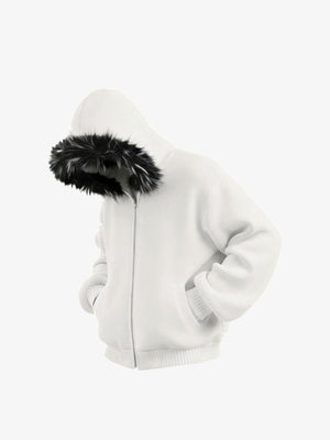 Off White Zip Hoodie mit schwarzer Fellkapuze – 3/4-Ansicht flach | XoKool