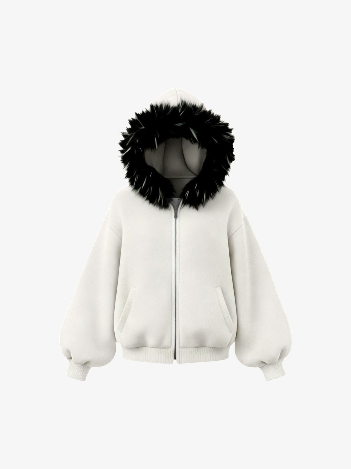 Off White Zip Hoodie mit schwarzer Fellkapuze – Vorderansicht flach | XoKool