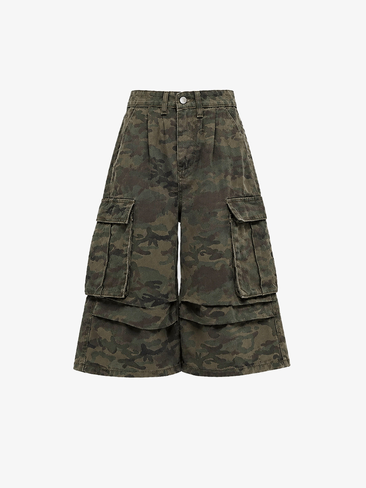 Olivgrüne Camo Cargoshorts im Layered-Look – Olive Camo, Vorderseite flach | XoKool