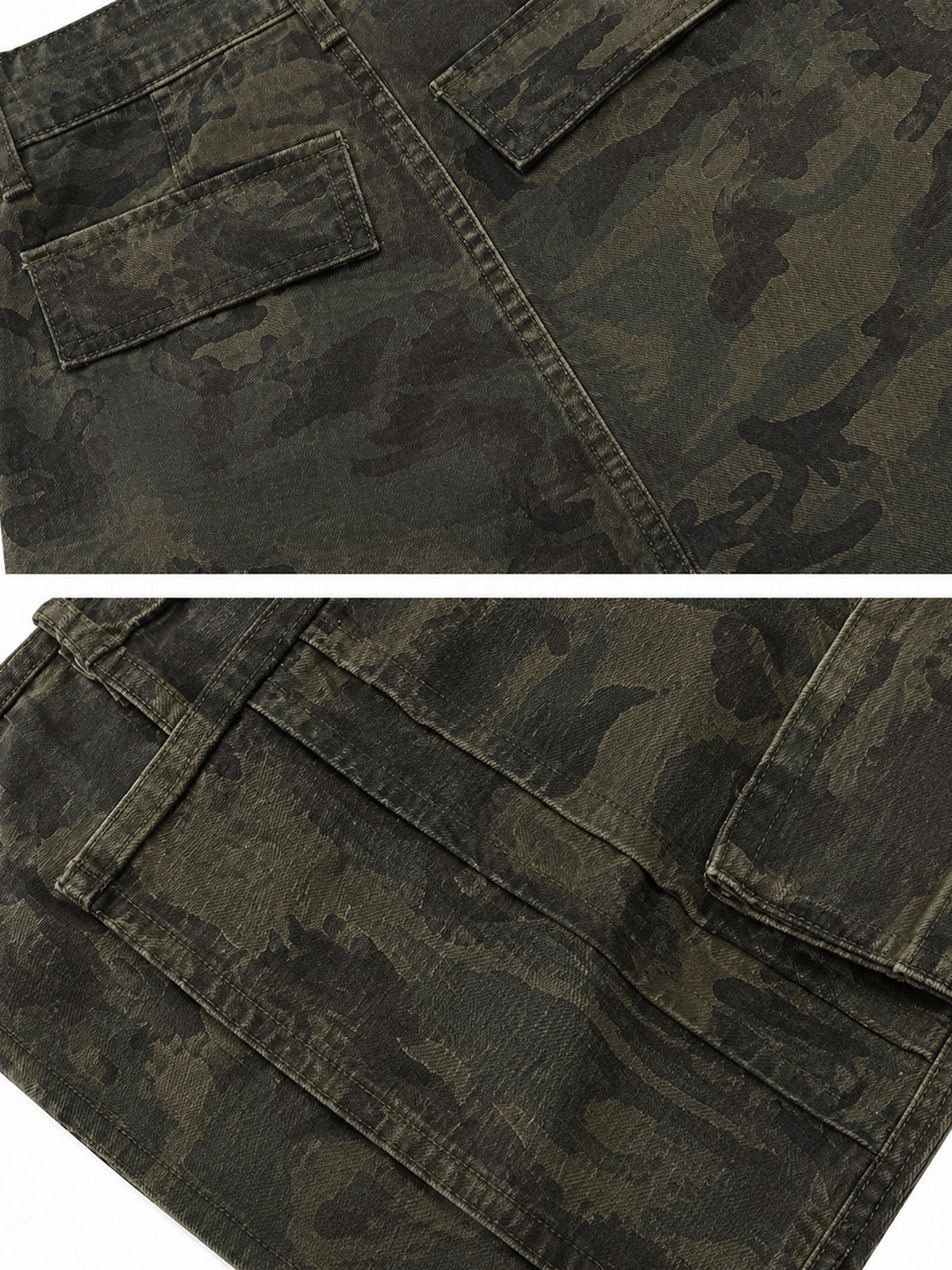 Shorts cargo en capas de camuflaje verde oliva – detalle del bolsillo y la costura | XoKool