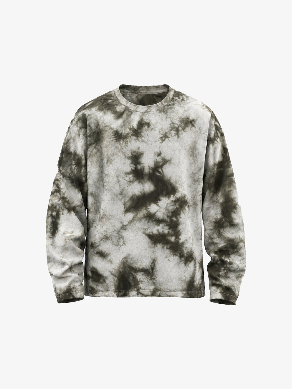 Olive Tie Dye Oversized Long Sleeve Tee – Olive tie-dye, front flat | XoKool