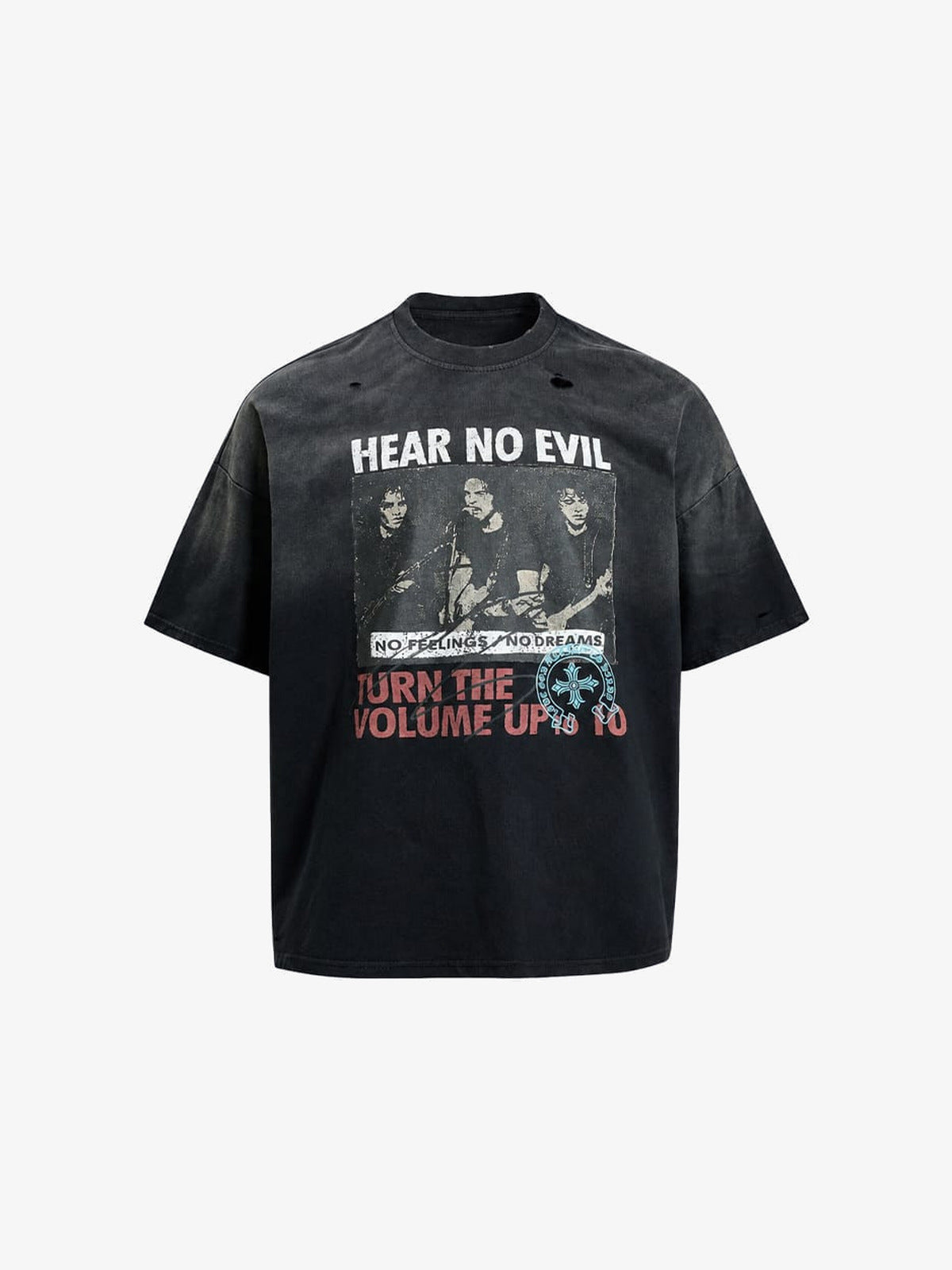 Ombre Washed Distressed Tee with Band-Style Photo Print – Black Ombre, front view | XoKool