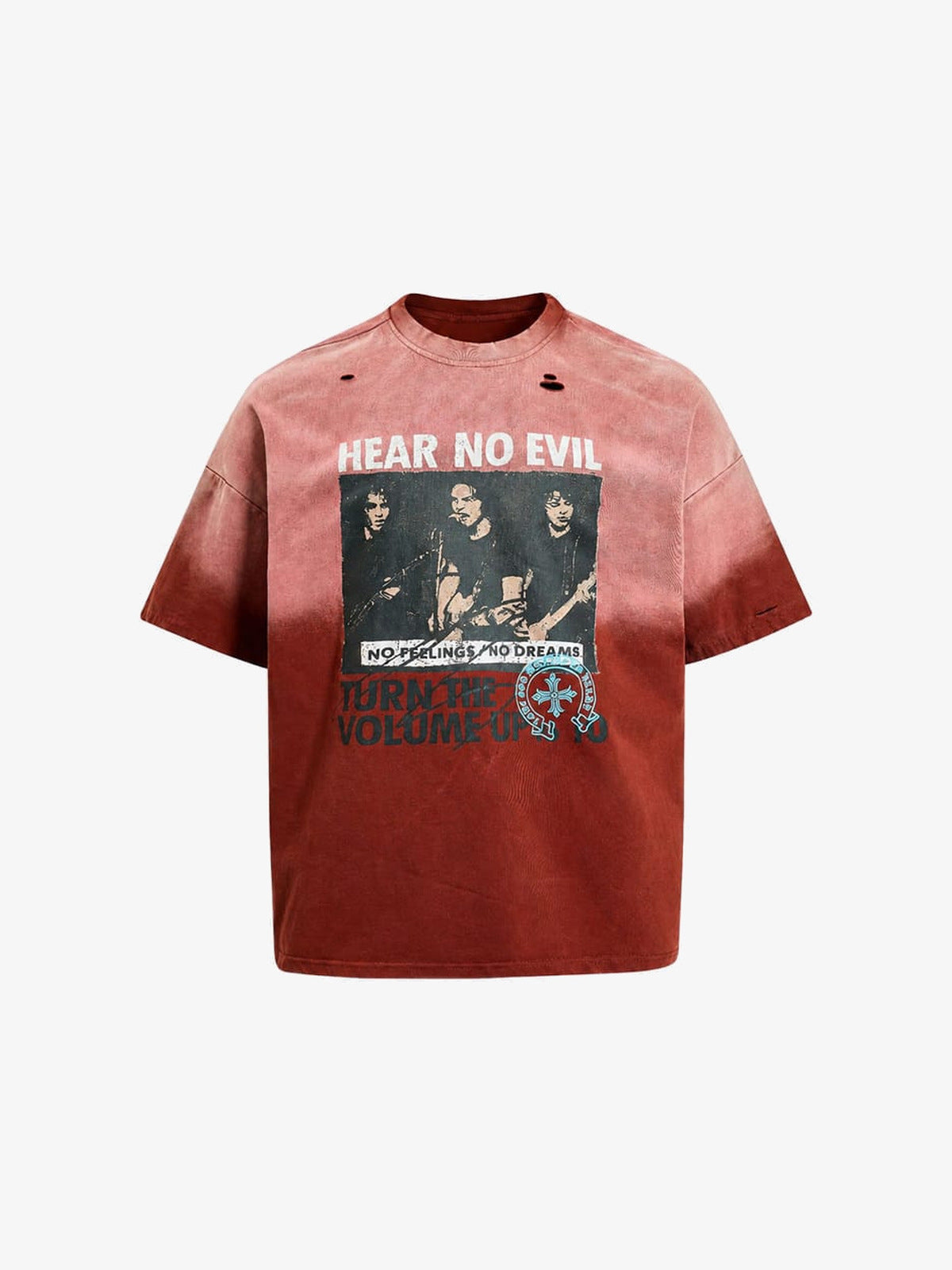 Ombre Washed Distressed Tee with Band-Style Photo Print – Red Ombre, front view | XoKool