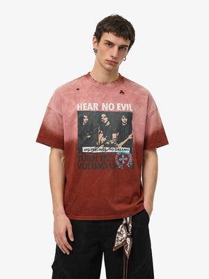 Ombre Washed Distressed Tee with Band-Style Photo Print – Red Ombre, on model front | XoKool