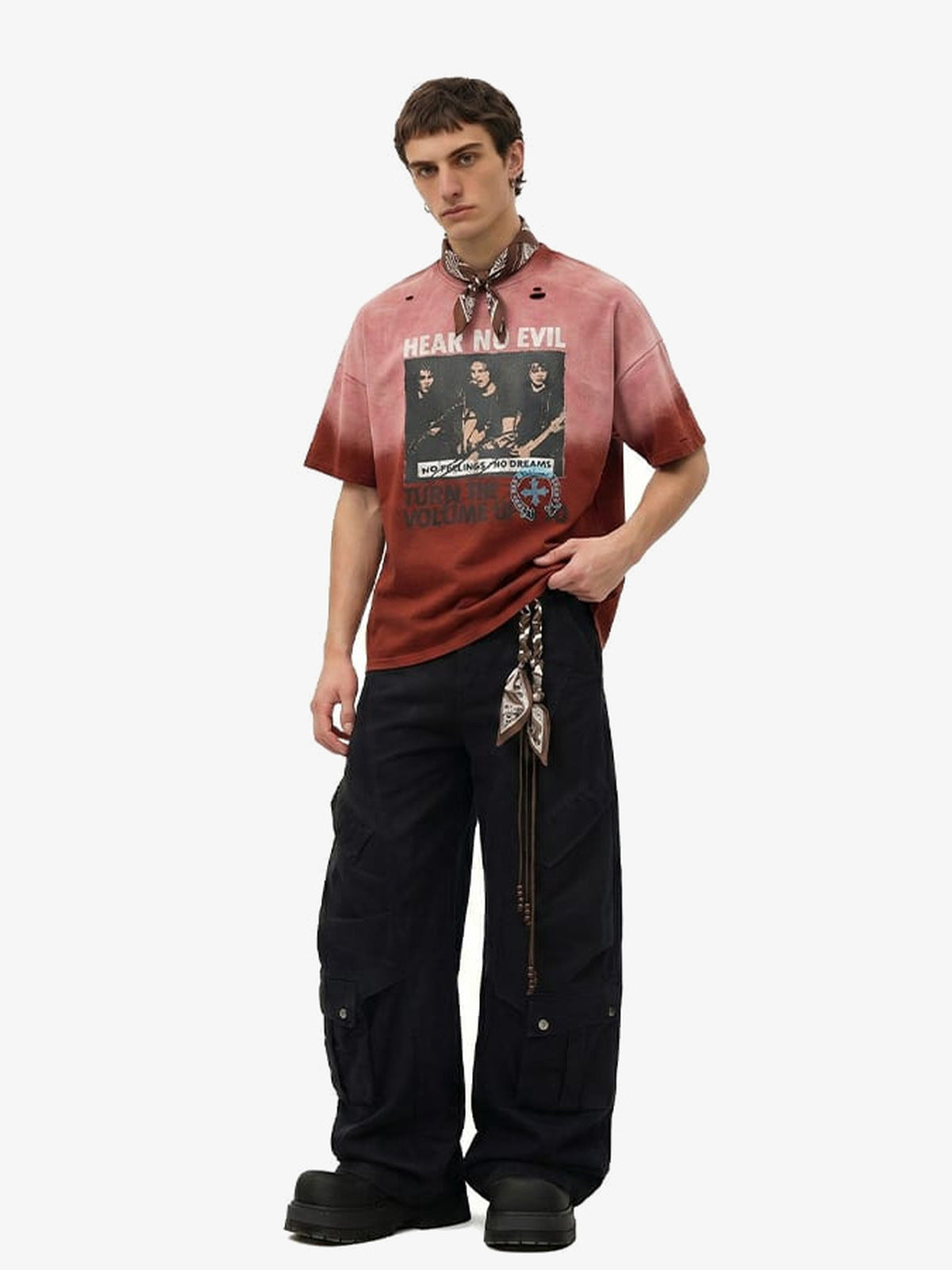 Ombre distressed tee – Red Ombre, on model full body | XoKool
